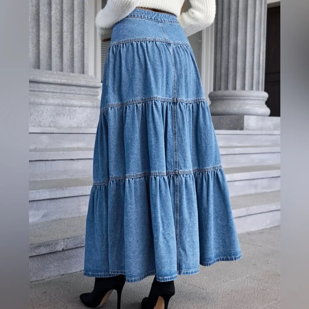 Denim Tiered Layered Long Skirt - Picture 3 of 4